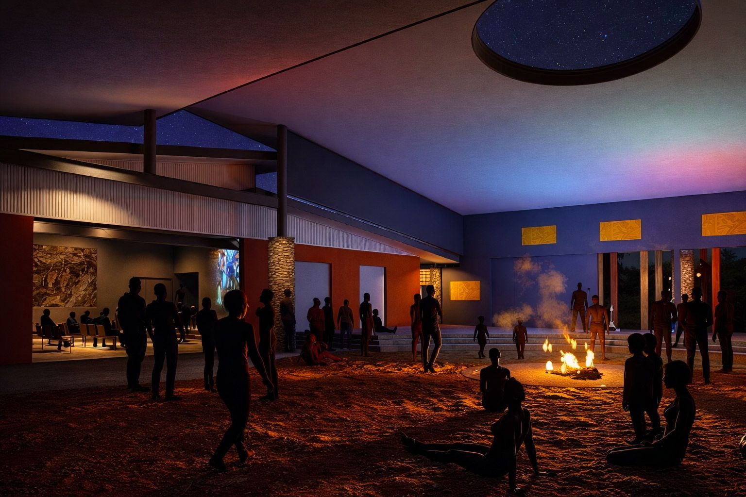 People gather around a fire in a large, open-air structure under a night sky, with silhouettes against a warm glow.
