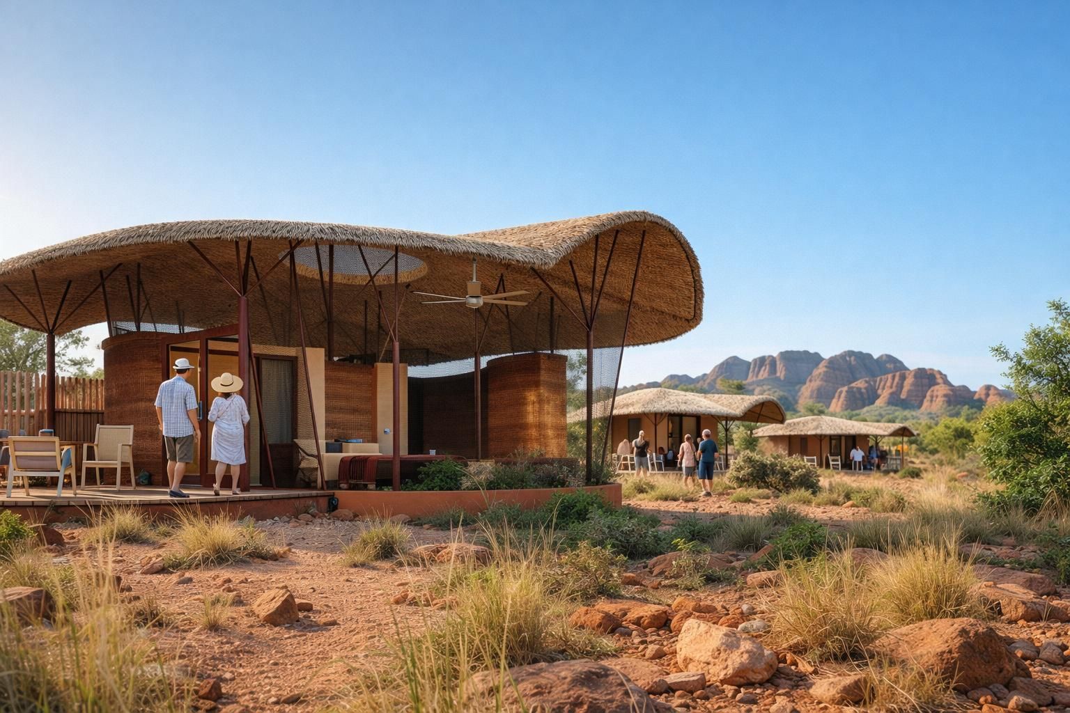 Straw-roofed cabins at Longitude 131 resort, set in the arid Australian outback near Uluru under a clear blue sky.