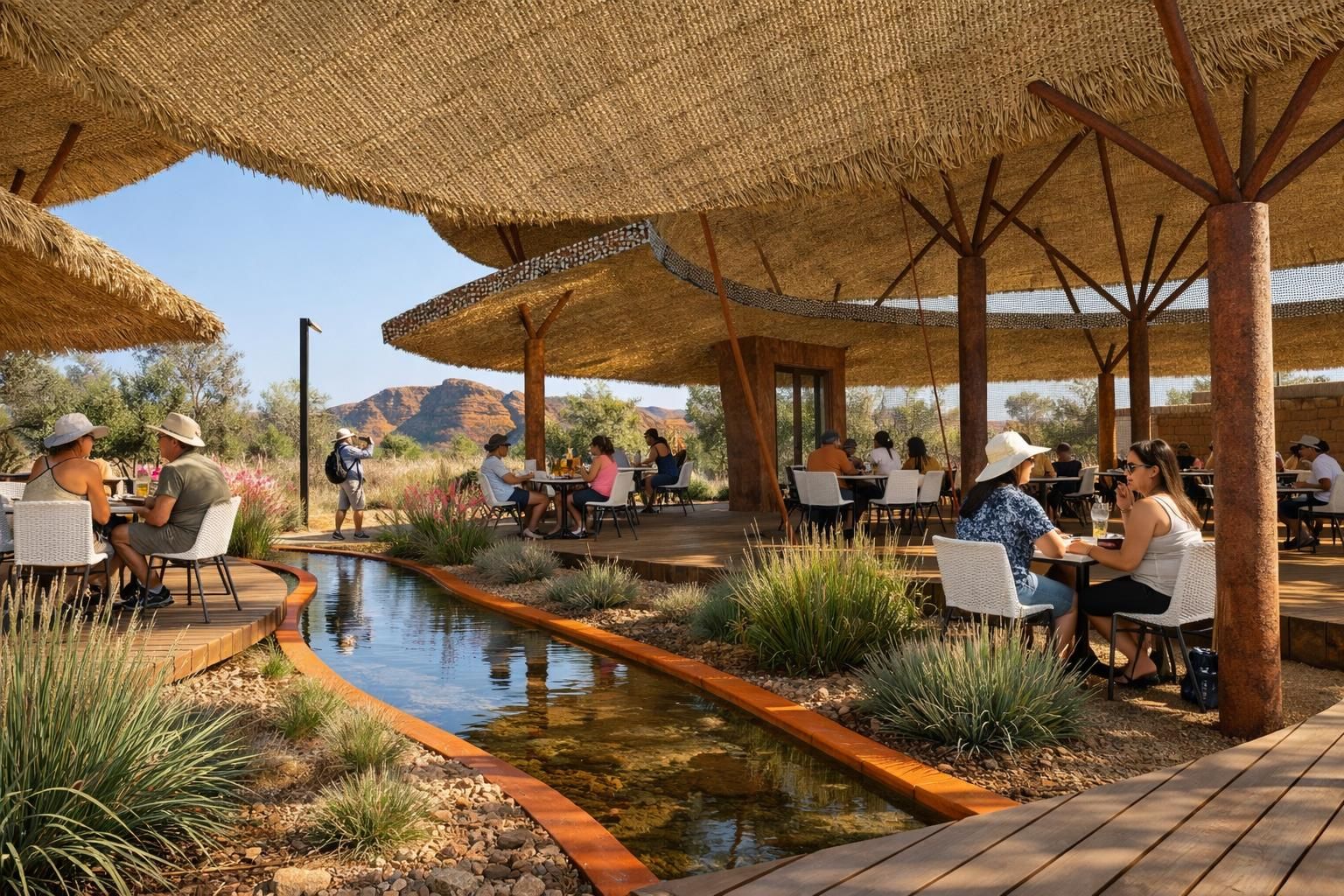 An open-air desert restaurant with a shaded terrace, rustic wooden pillars, and a small water feature running through.