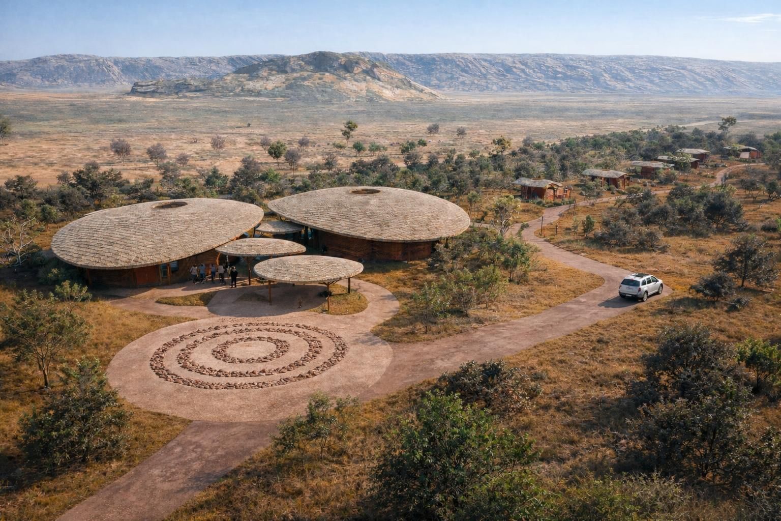 An elevated view of a safari lodge with thatched circular roofs in a dry, grassy landscape with a vehicle on a dirt path.