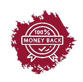 A stamp that says `` 100 % money back '' on a white background.