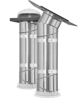 Two cylindrical tubular skylights with metallic silver tubes and clear domes, shown against a plain white background.