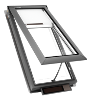 A dark-framed roof window in an open, tilted position, featuring an integrated solar panel at the base.
