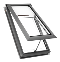 A rectangular, black-framed skylight window partially open, angled upward against a white background.