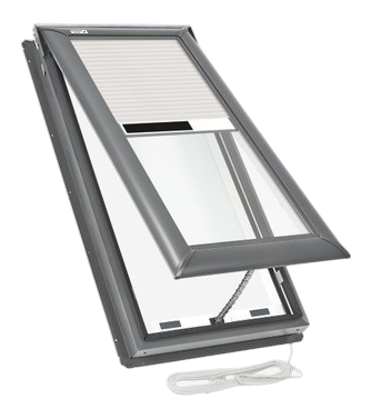 A dark-framed roof window in an open position with a coiled silver wire cable extending from the bottom.