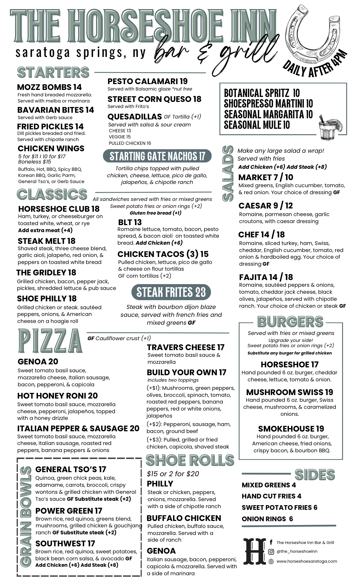 Menu The Horseshoe Inn Restaurant and Bar Saratoga Springs NY