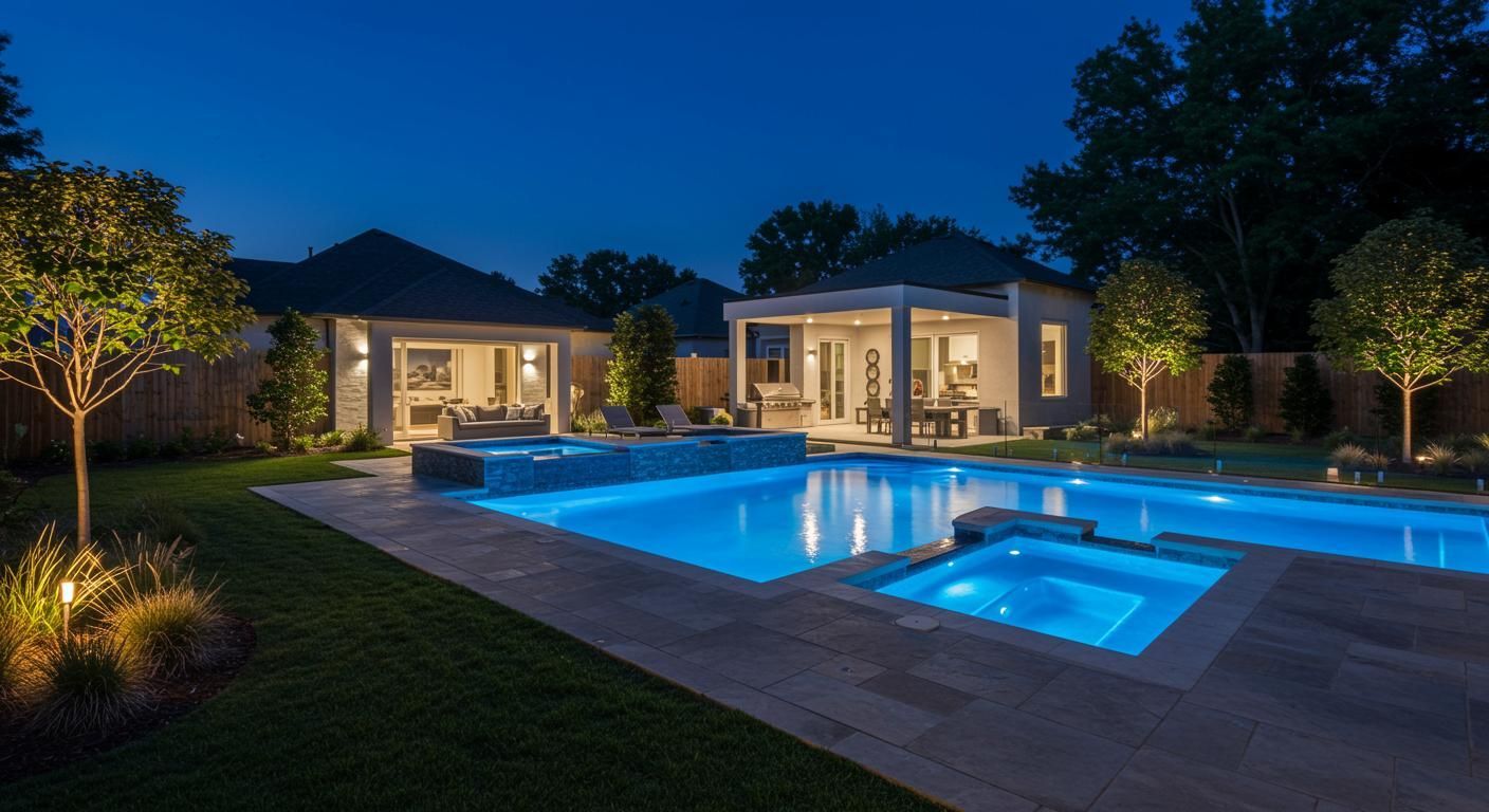 Nighttime view of a luxurious backyard with a pool, spa, and illuminated patio.