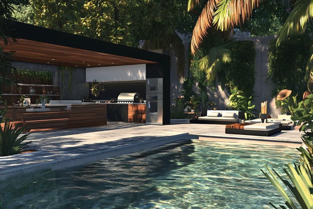 Poolside outdoor kitchen with grill, seating, and lush tropical landscaping.