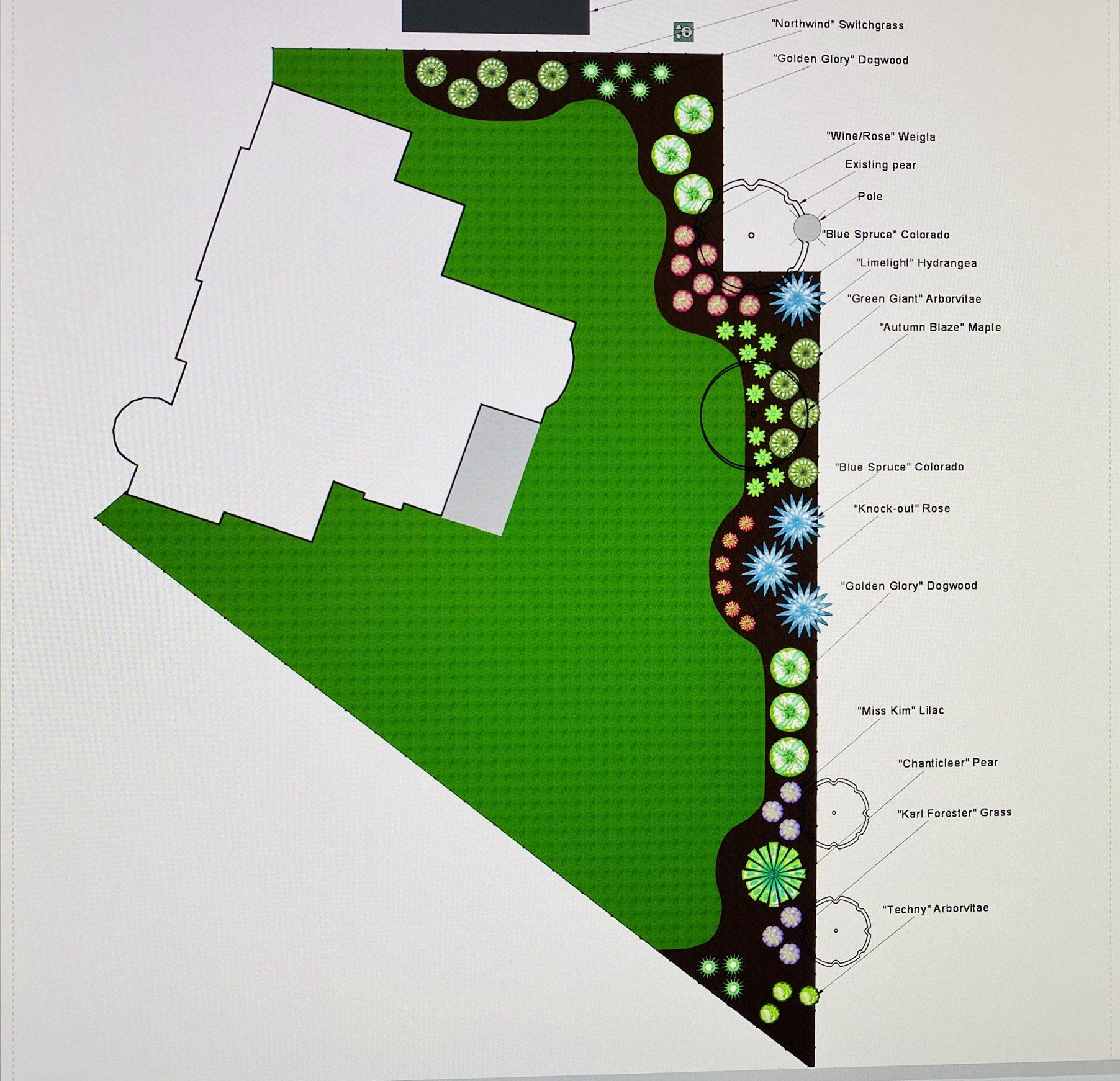 A drawing of a garden with a house in the background