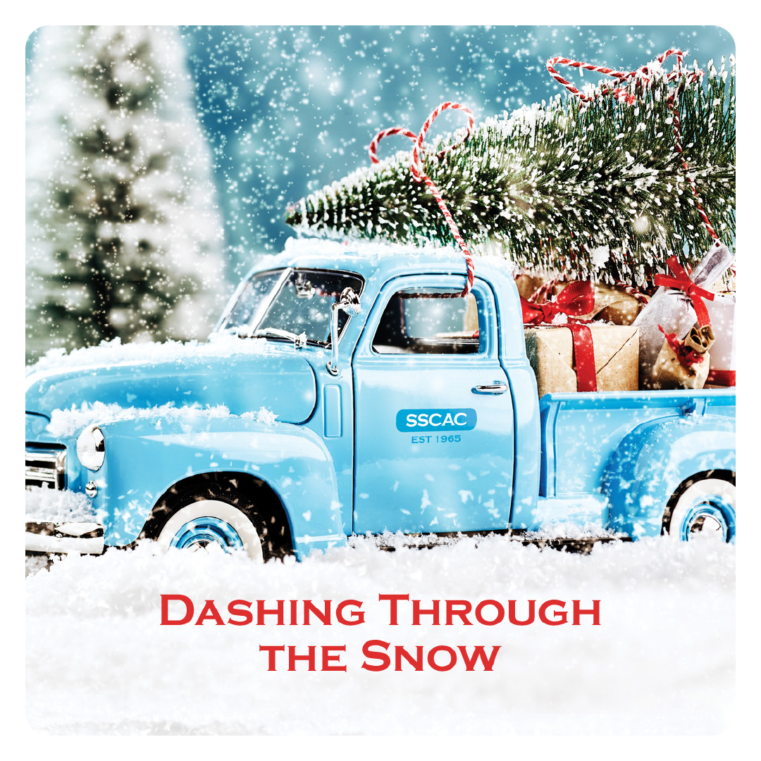 Blue truck with Christmas tree, gifts, and candy canes in snowy scene; 
