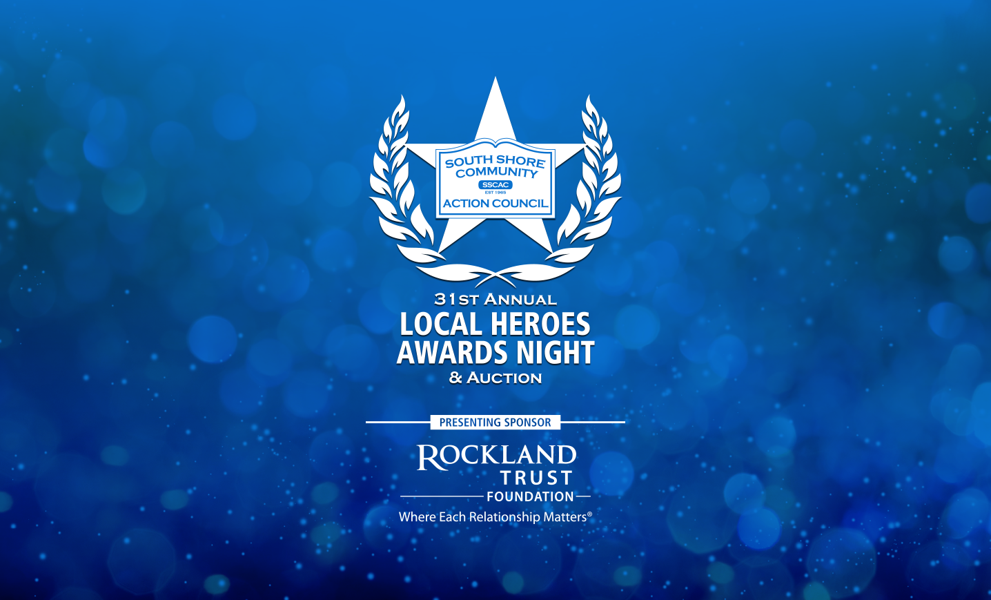 Logo for the 31st Annual Local Heroes Awards Night presented by Rockland Trust on a blue, bokeh-style background.