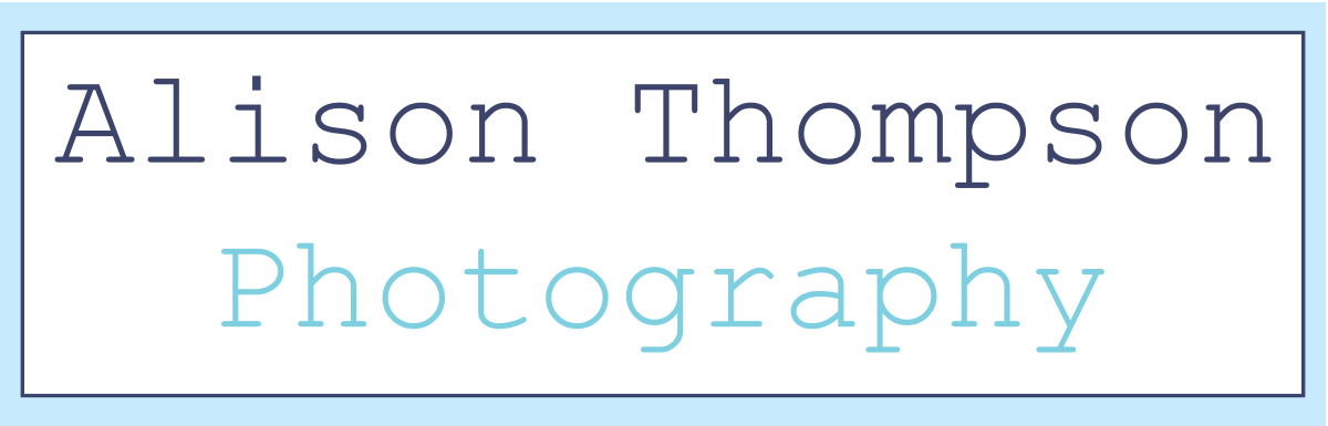 The logo for allison thompson photography is blue and white
