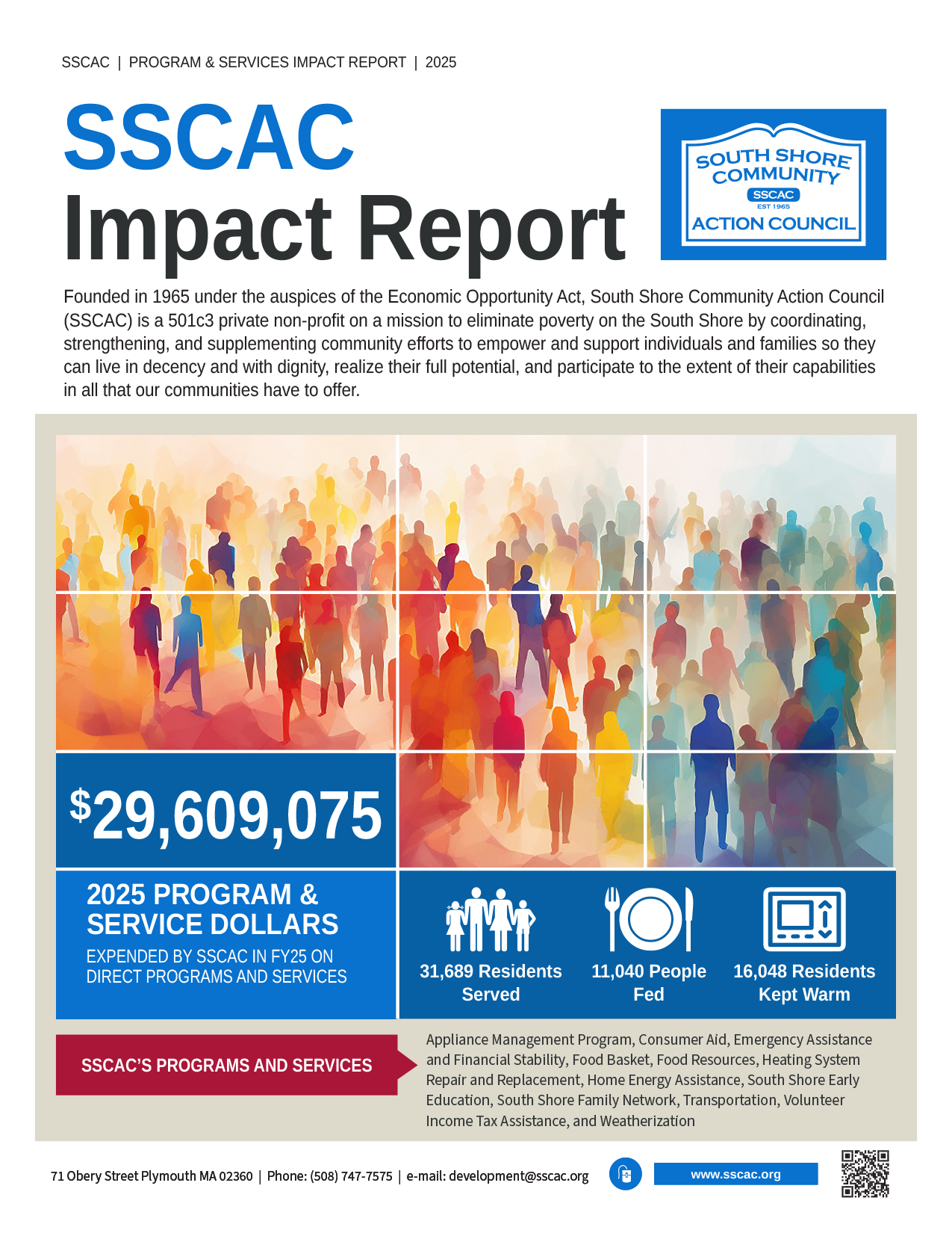 SSCAC Impact Report cover with colorful crowd silhouettes and $29,609,075 highlighted in blue panels