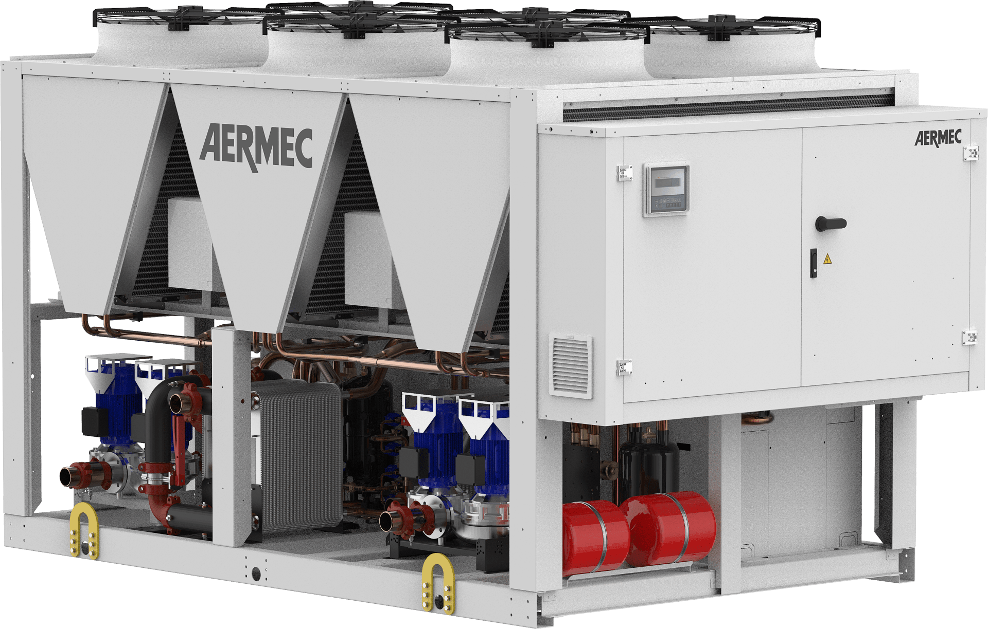 NRP simultaneous air-water unit. R410a, scroll compressors. 60-900kW cooling + heating capacity. 2 or 4 pipe. By AERMEC
