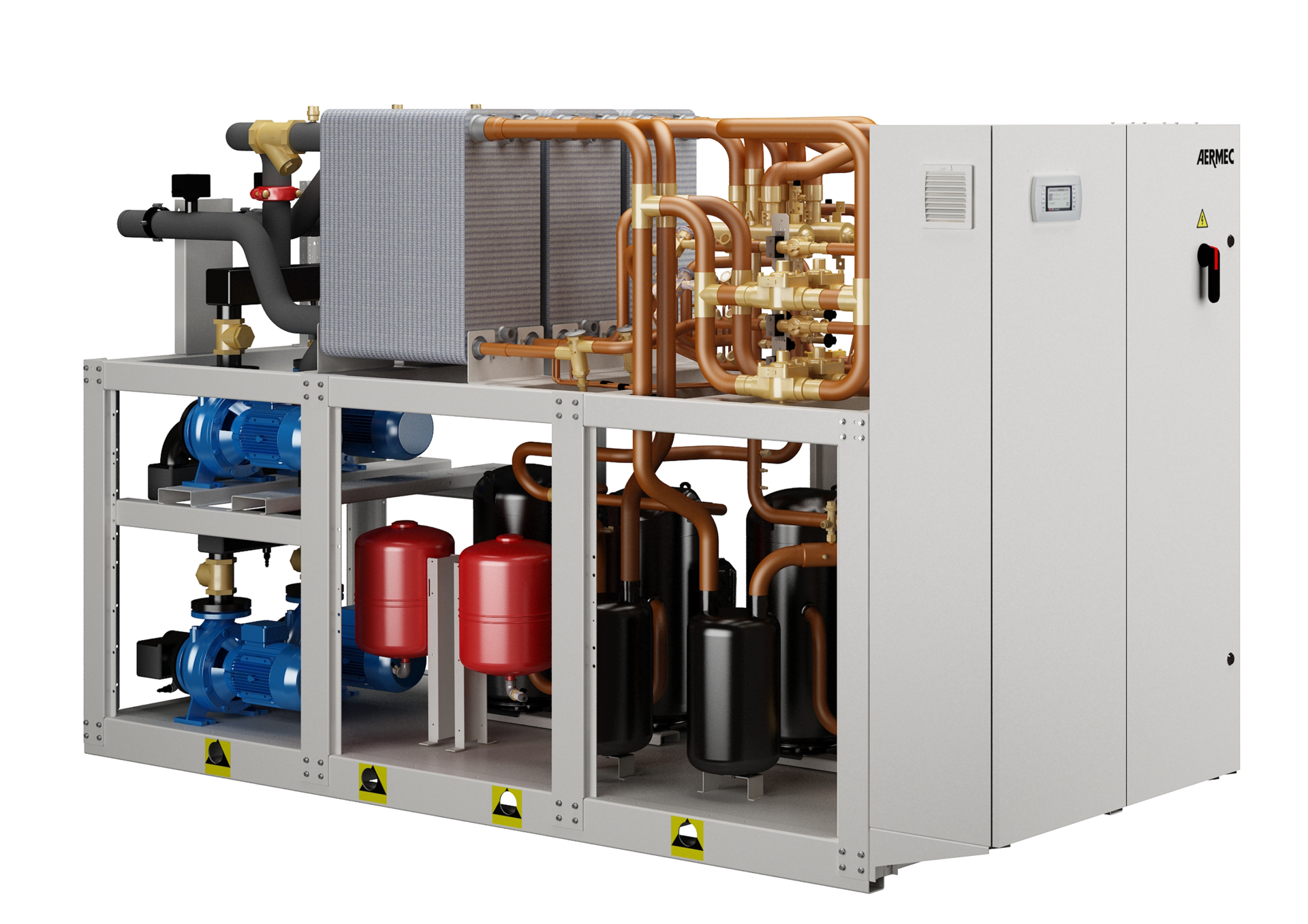 NXP simultaneous water-water unit. R410a, scroll compressors. 100kW-500kW cooling + heating capacity. 2 or 4 pipe. By AERMEC