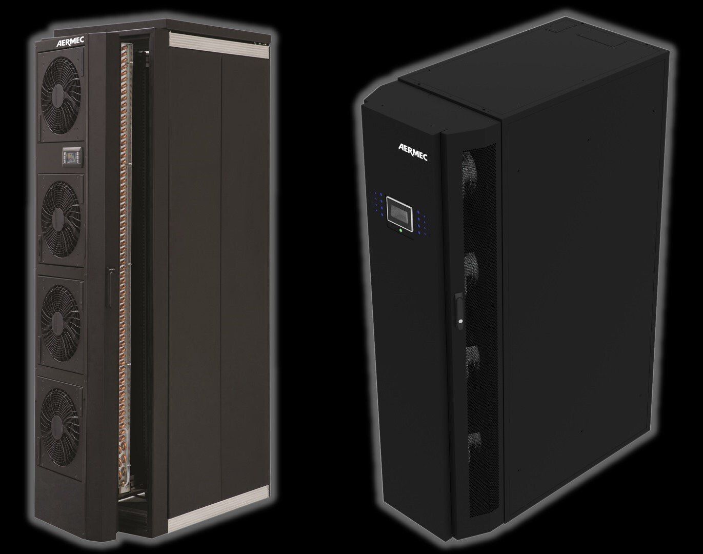 R series rear door + in-row cooling. Chilled water or DX. 20kW - 36kW cooling capacity. EC fans. By AERMEC