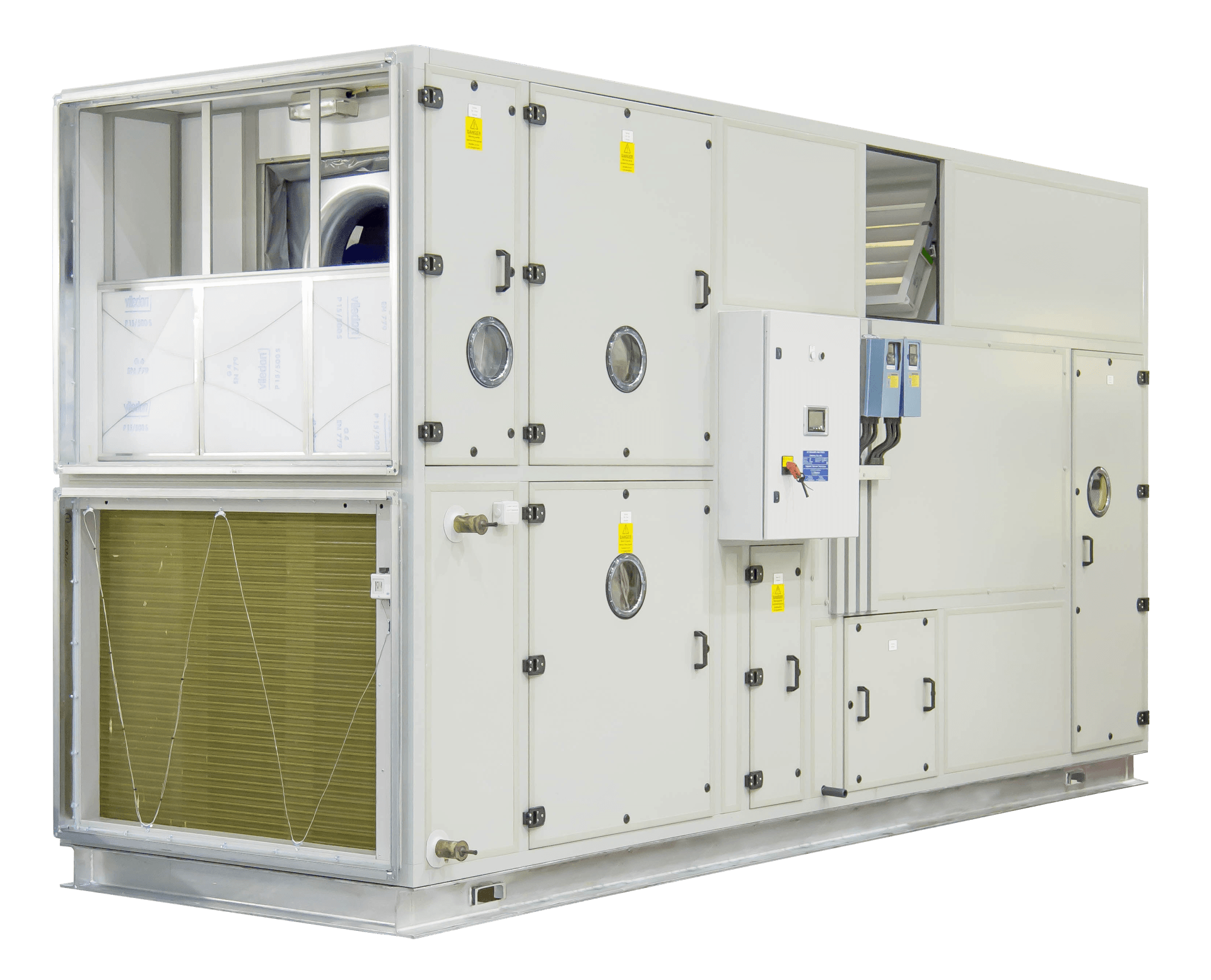 Swimming pool design AHU. Controls air temperature and humidity. Small footprint. 12m3/s air volume. 90% heat recovery. Corrosion resistant. Plate heat exchanger with lifetime guarantee. By EcoAirBox