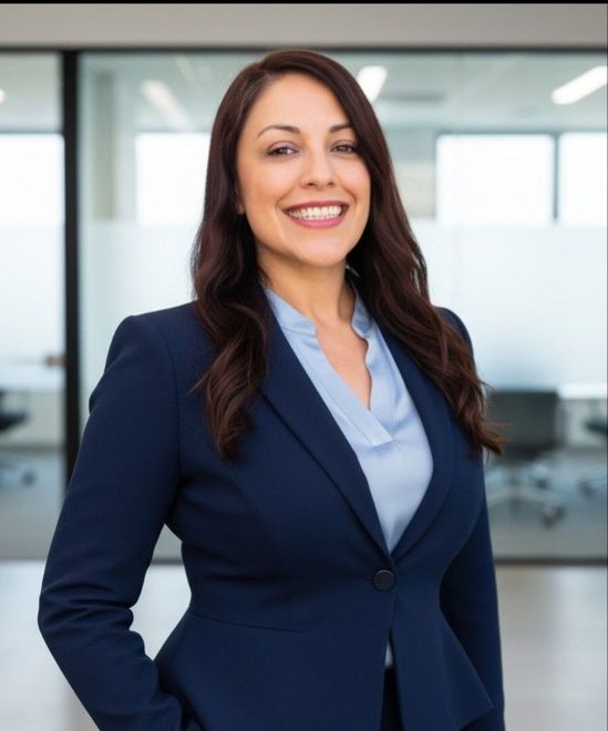 A woman is sitting at a desk with a laptop and a vase of flowers.