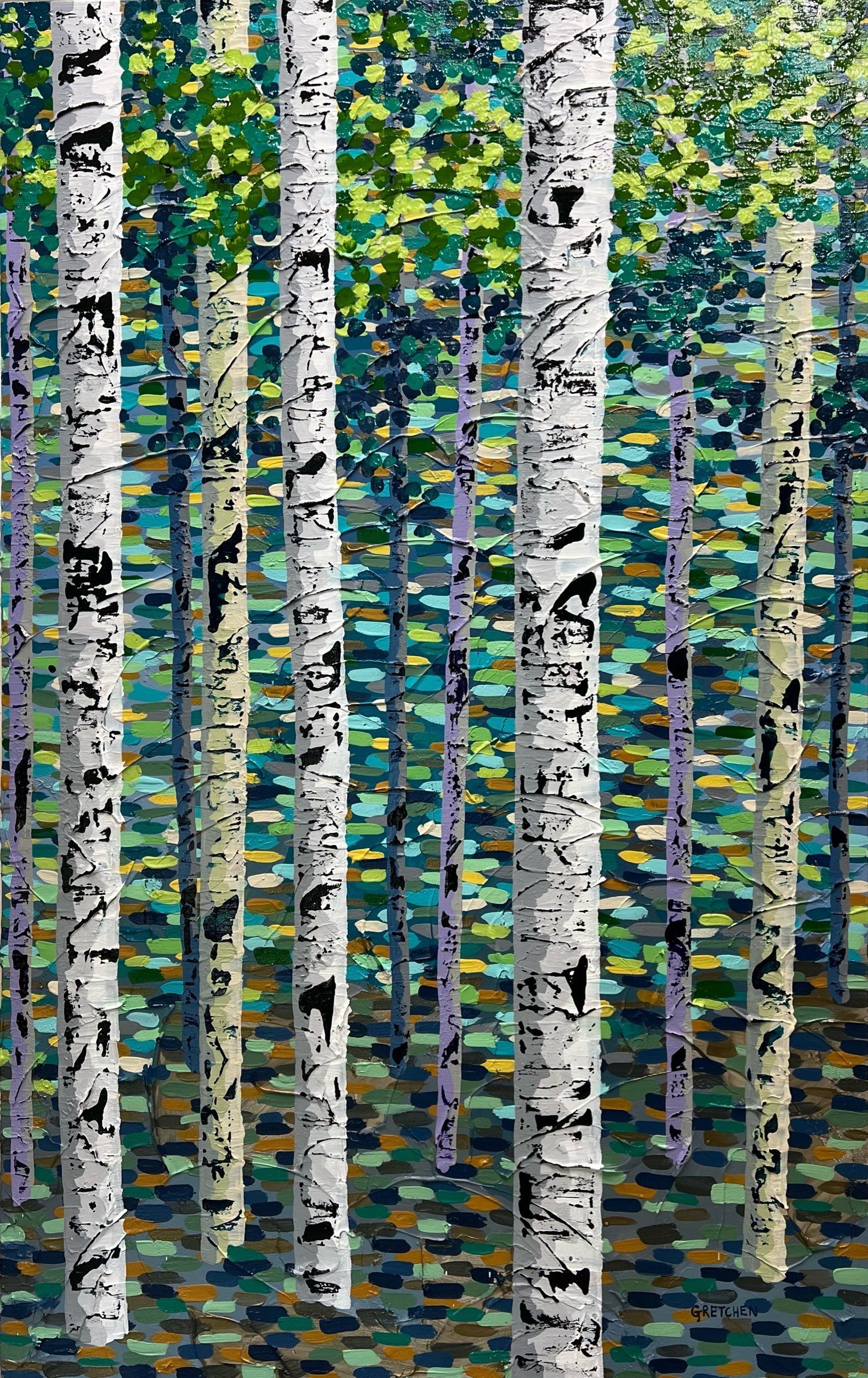Birch trees in a forest. White bark with black markings. Green and blue dappled background.