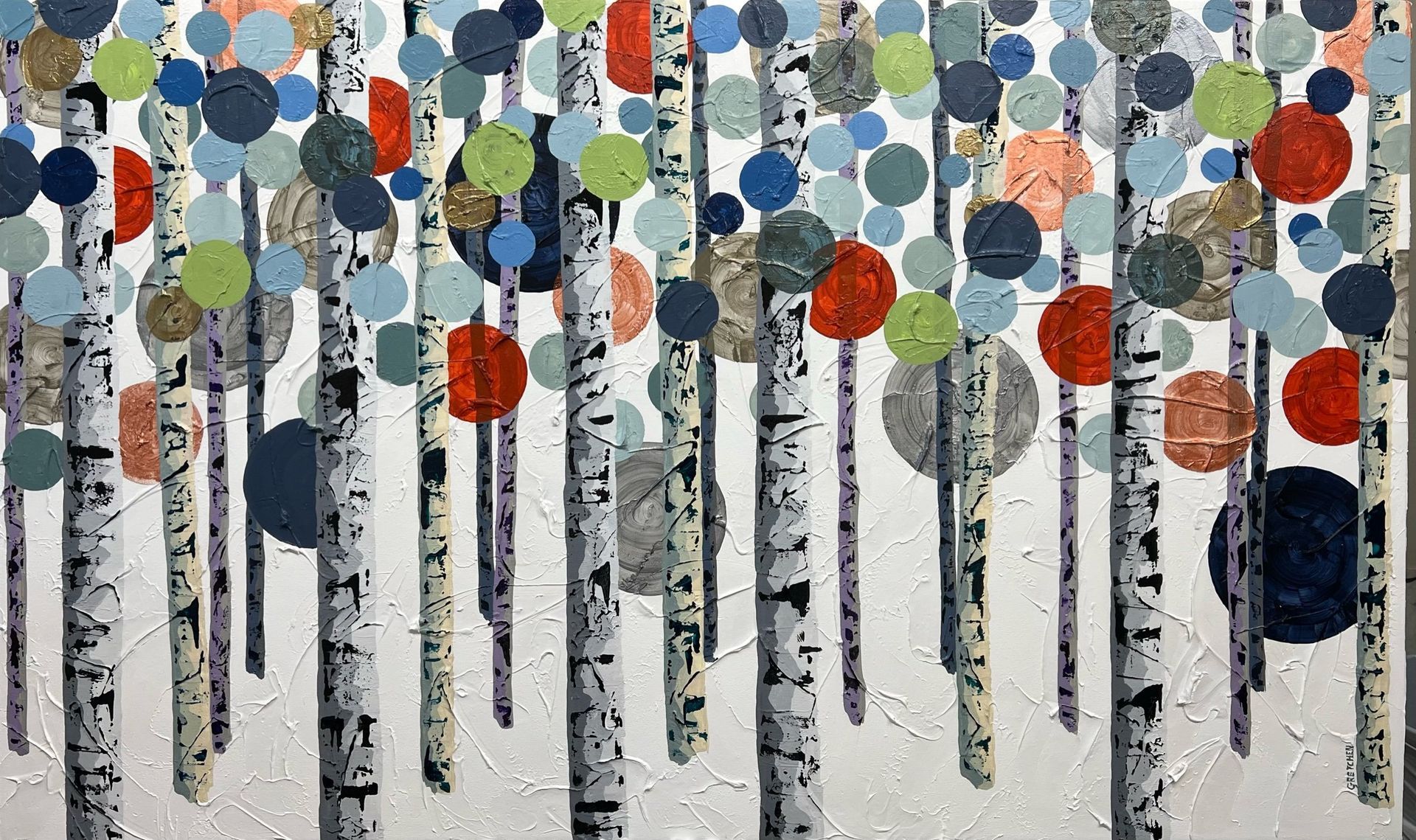Birch trees with colorful polka dot leaves in an abstract painting.