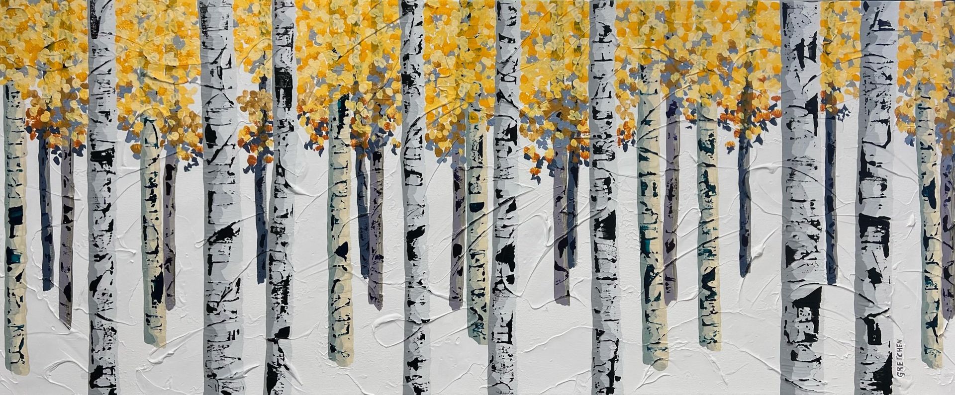 Aspen trees with white and black bark and yellow leaves against a light gray background.