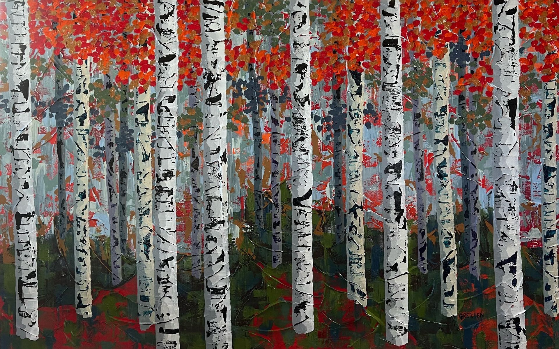 Aspen trees with white trunks and red leaves in a forest.