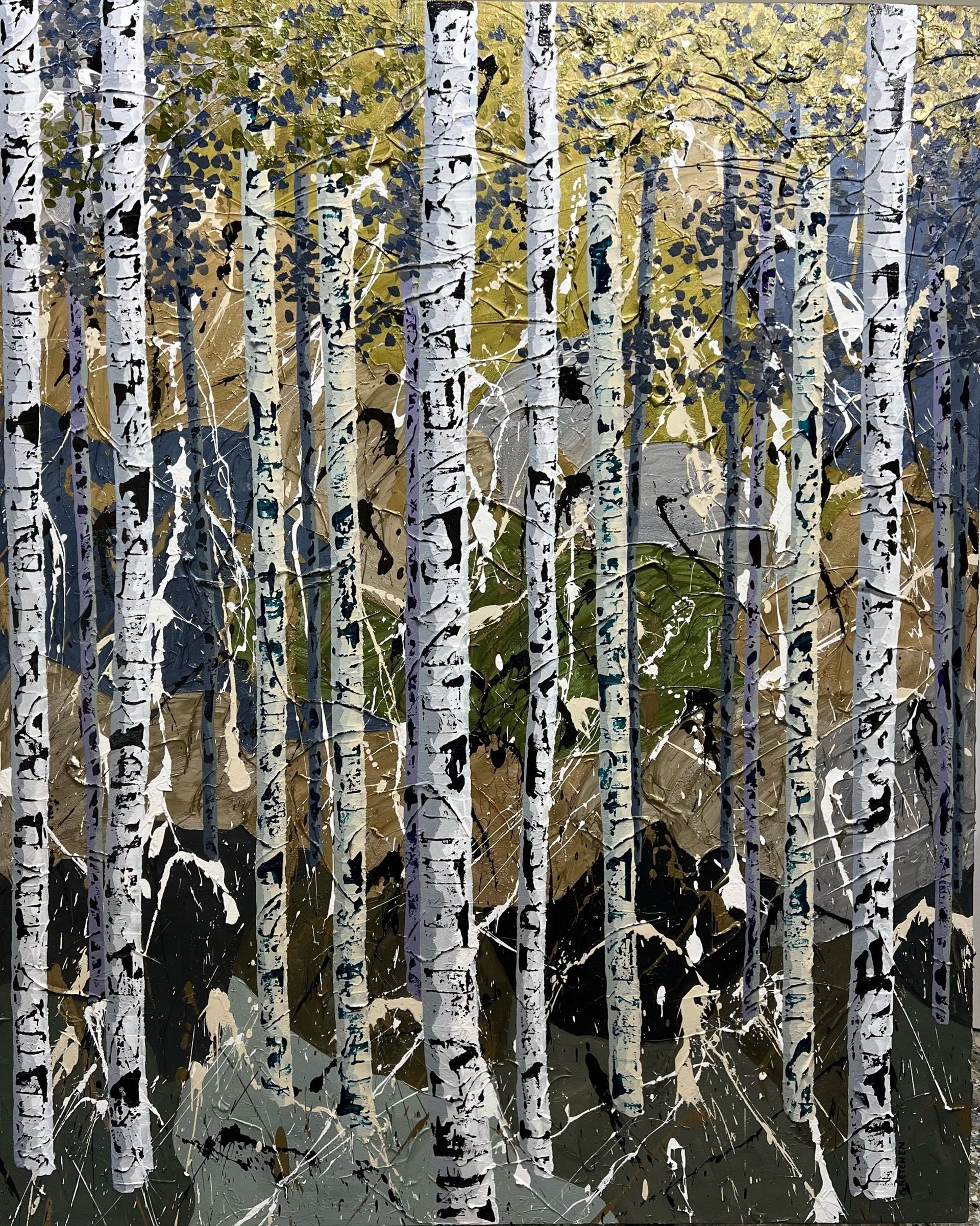 Aspen trees in a forest with white bark, green leaves, and a speckled ground.