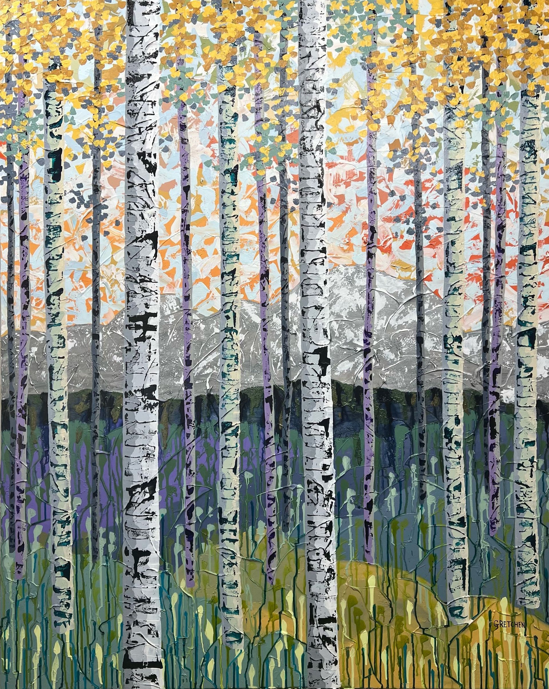Tall birch trees with yellow and orange leaves, a field of grass, and colorful background.