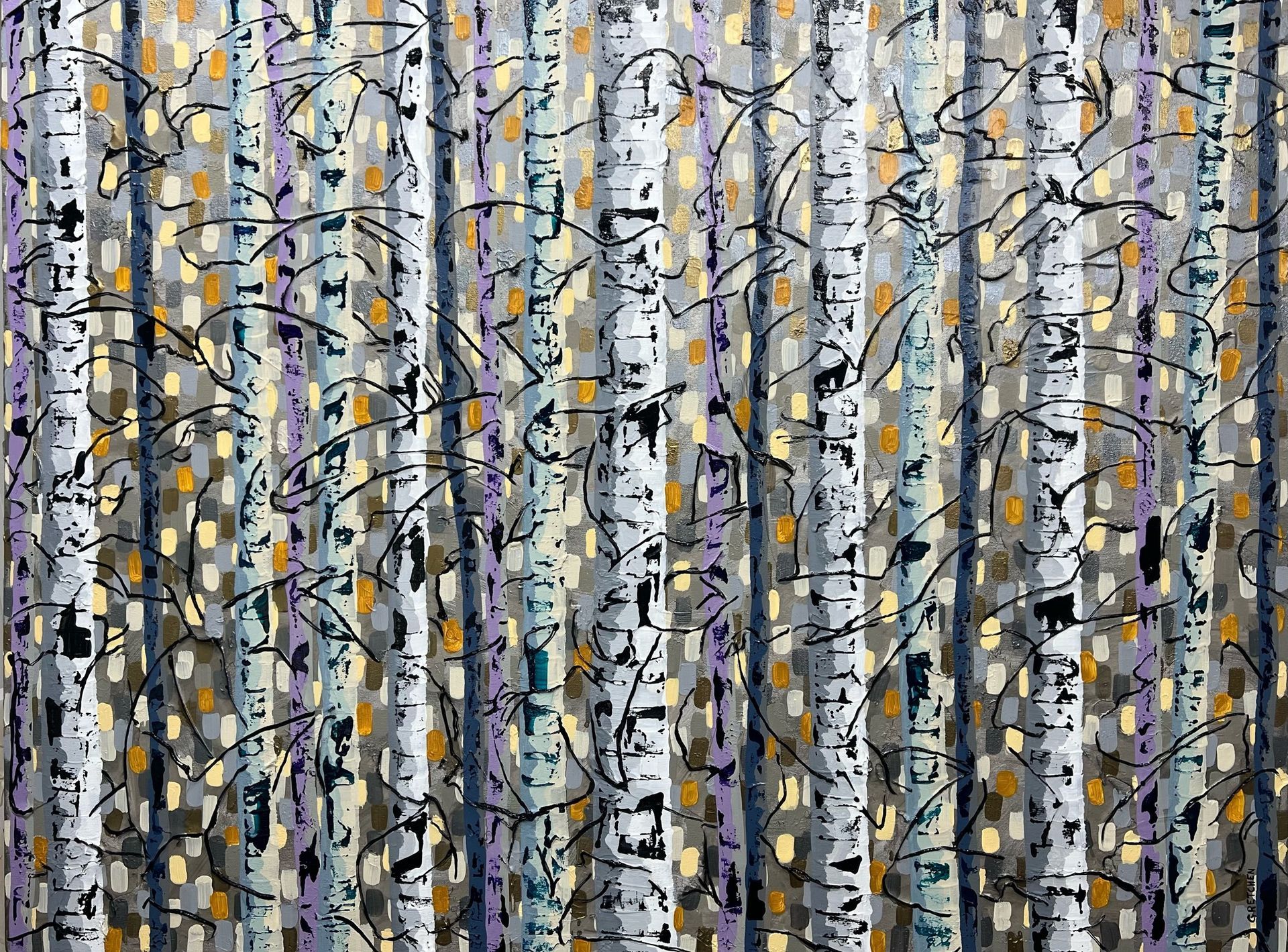 Abstract painting of vertical bands in gray, purple, and gold. Black lines weave throughout, with dotted patterns.