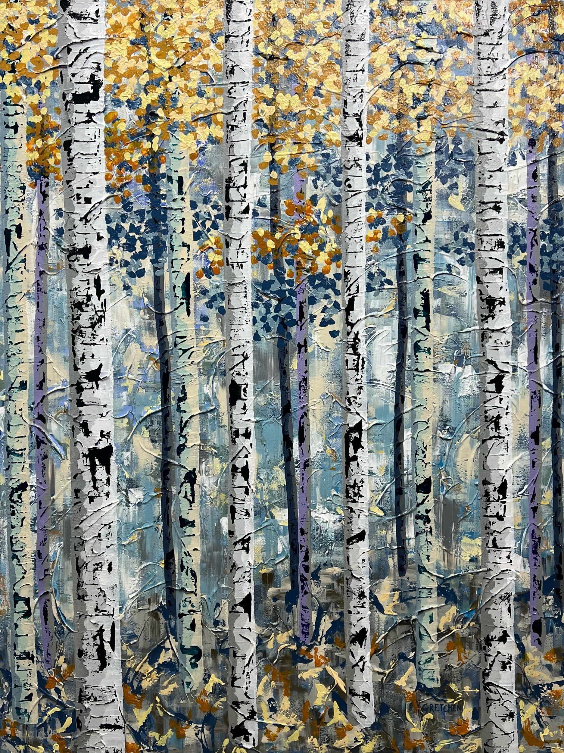 Birch trees in a forest. White trunks with black markings and yellow and blue foliage.