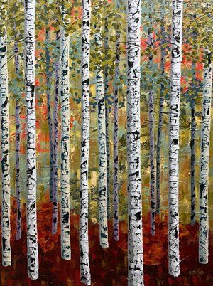 White birch trees in a colorful forest with red and green foliage.