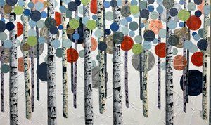 Birch trees with colorful round foliage; white bark with black markings, white background.