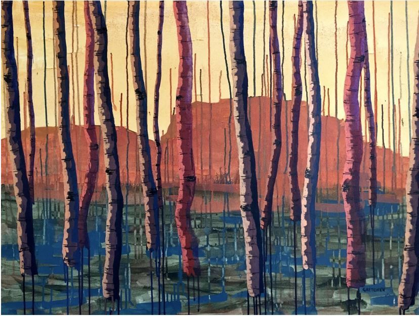 Red-trunked trees in a forest before a reddish mountain, with blue ground and yellow sky.