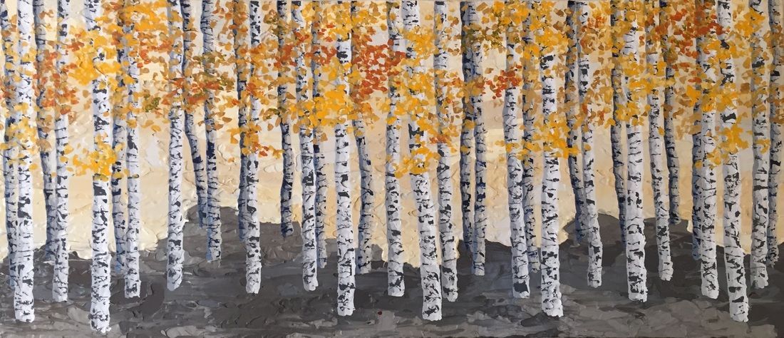 Birch trees with yellow leaves in autumn, painted with gray background.