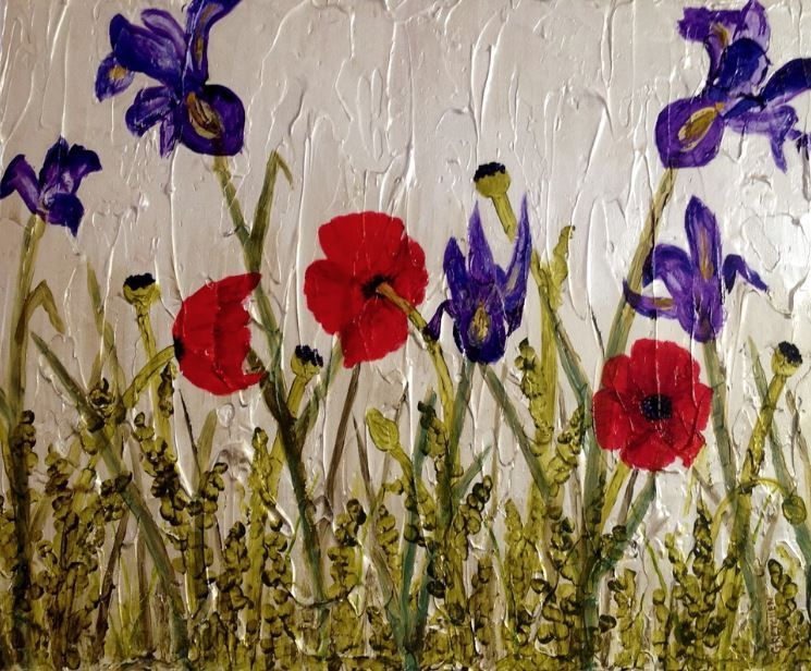 Red poppies and purple irises in a textured field, against a silver background.