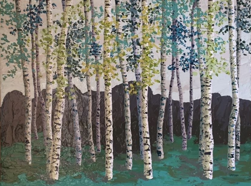 Birch trees with textured bark and green/blue foliage; forest floor and dark hill in the background.