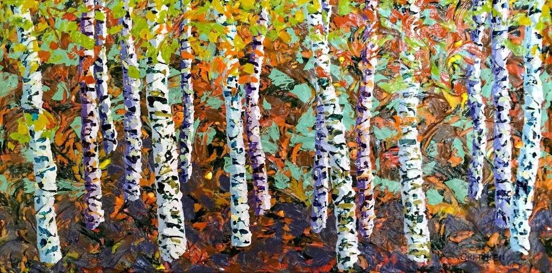 Impressionistic painting of birch trees in an autumn forest.