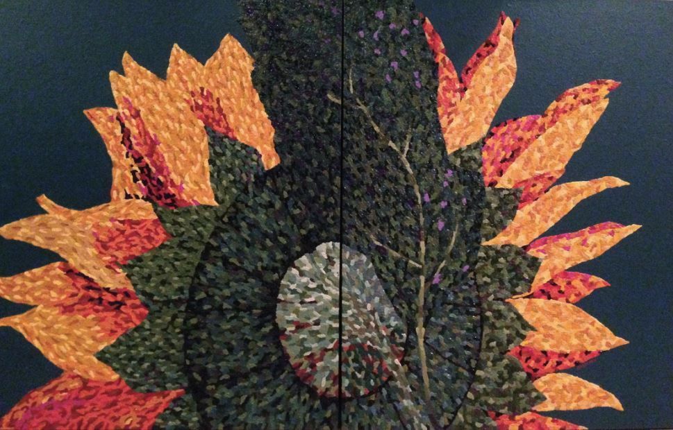 Sunflower oil painting, orange and red petals, green leaves, dark background.
