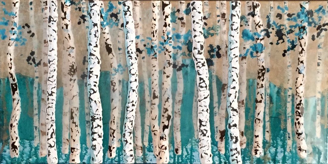 Birch trees with white bark and dark spots against a blue and tan background.