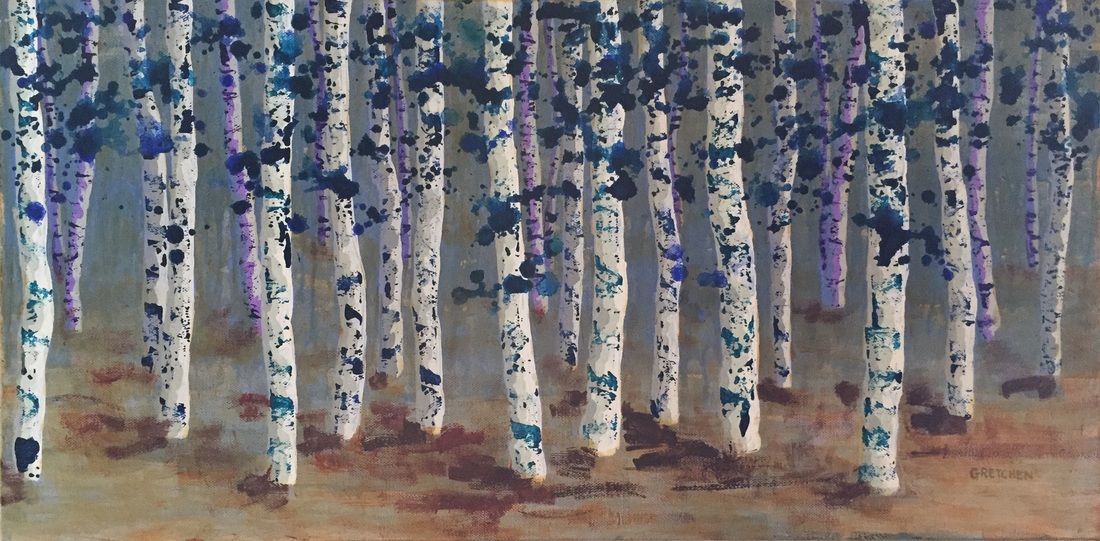 White birch trees with blue and purple accents, brown ground.