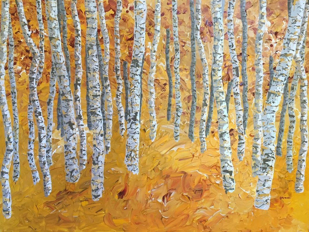 Birch trees with textured white bark against an abstract, golden yellow autumn landscape.