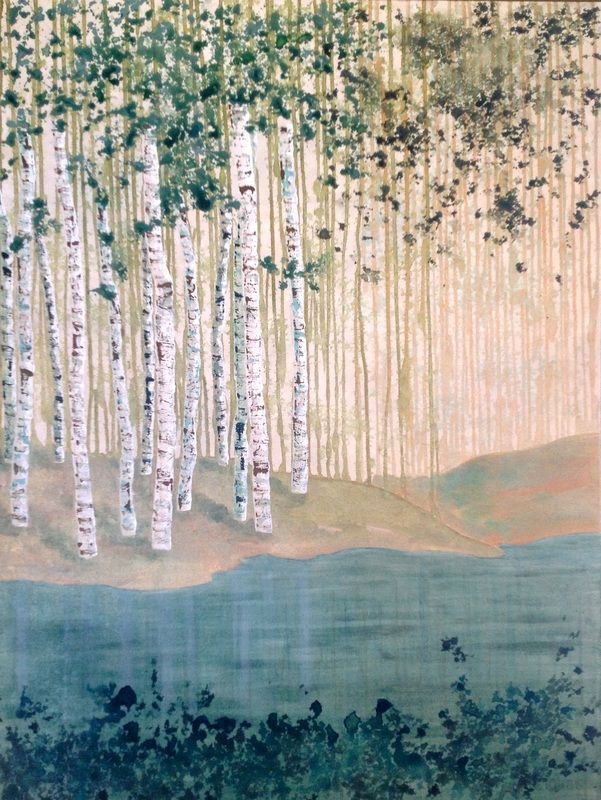 Birch trees line a shoreline; teal water below. White trunks with black markings, green leaves.