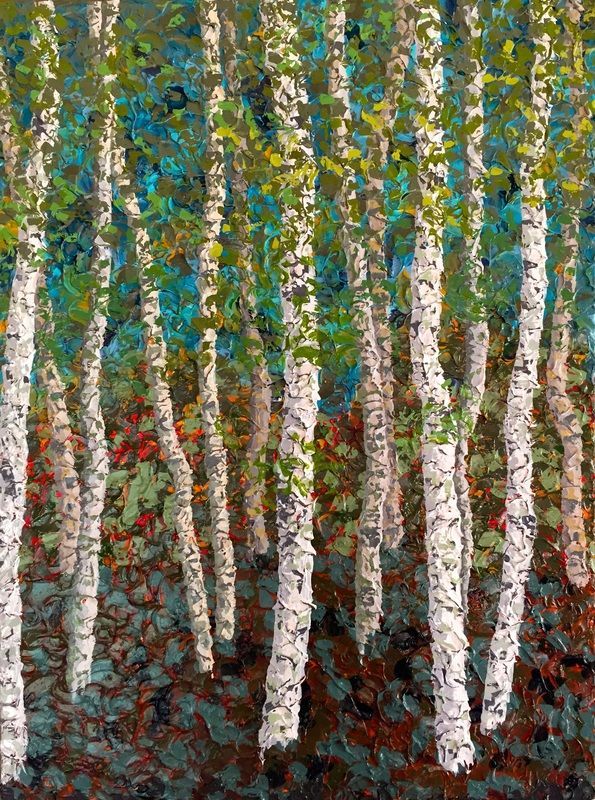 Birch trees in a forest with white trunks and green leaves. Fallen leaves on the ground.