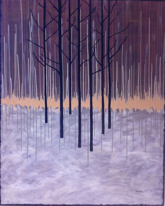 Bare tree trunks against a brown and gold background, with vertical lines suggesting falling snow.
