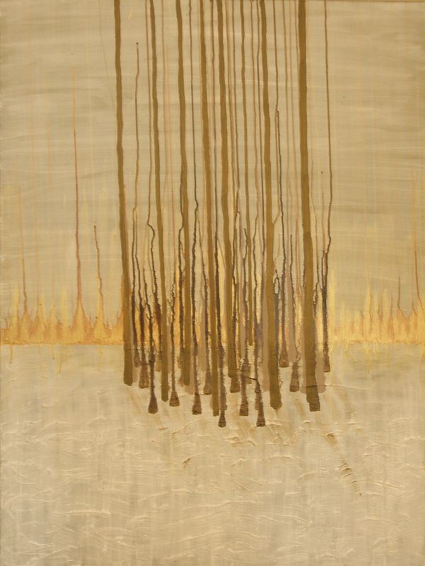 Golden abstract painting with vertical brown drips on a pale background, resembling a forest.