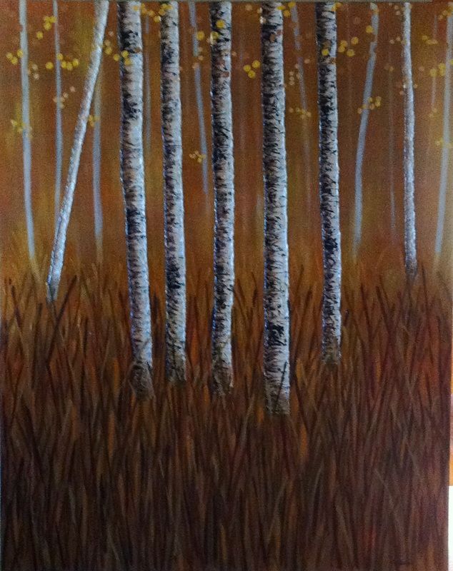 Birch trees in a fall landscape, with brown grass and yellow foliage.