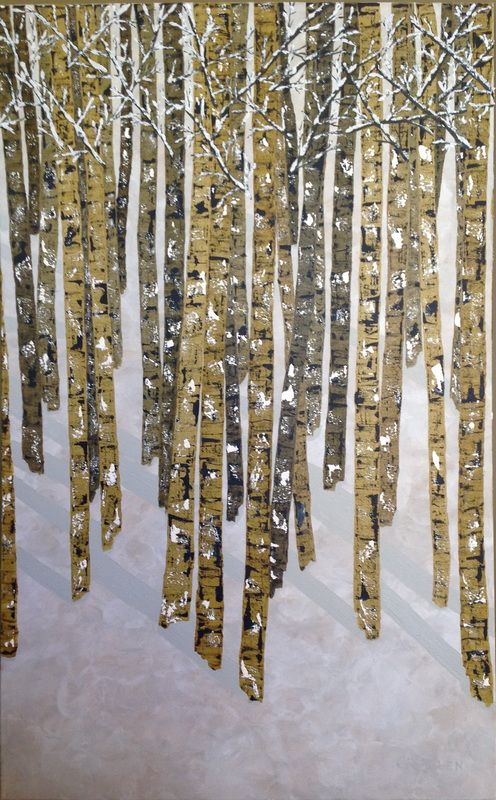 Birch trees with gold bark and silver accents against a white background.