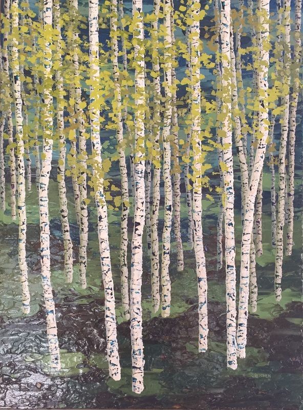 Birch trees with white bark and yellow leaves in a forest.