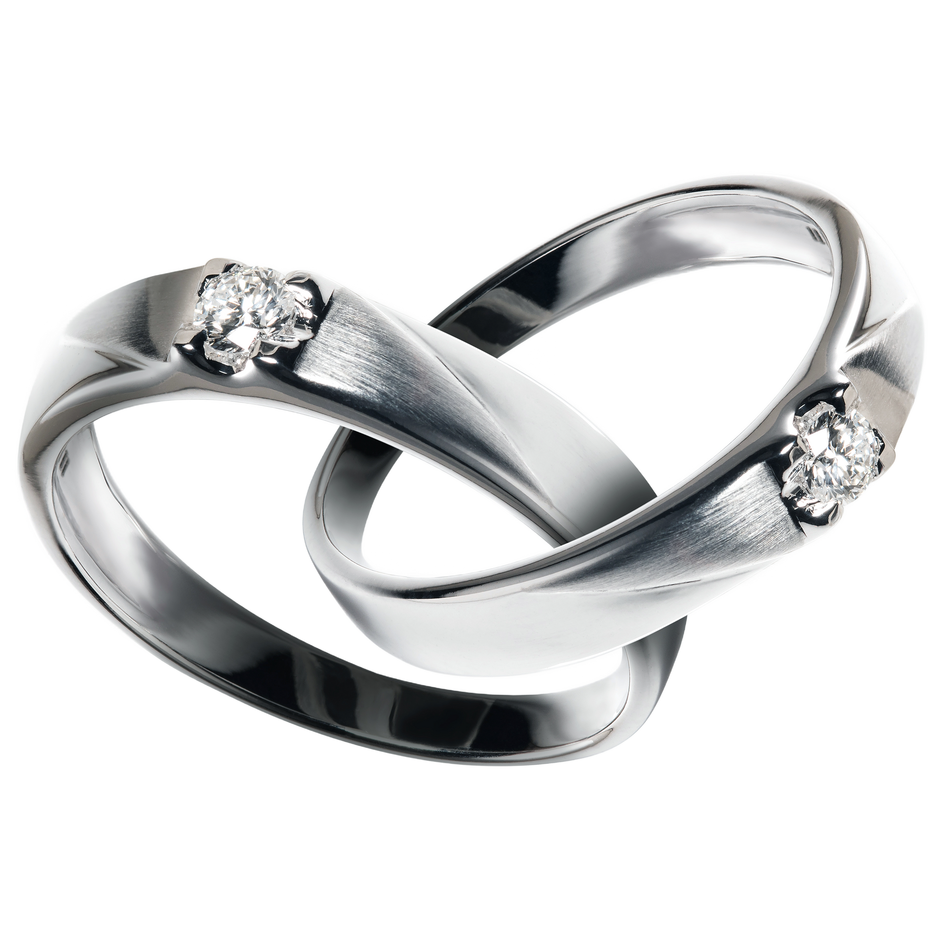 Two Platinum wedding rings with diamond hook together isolated.