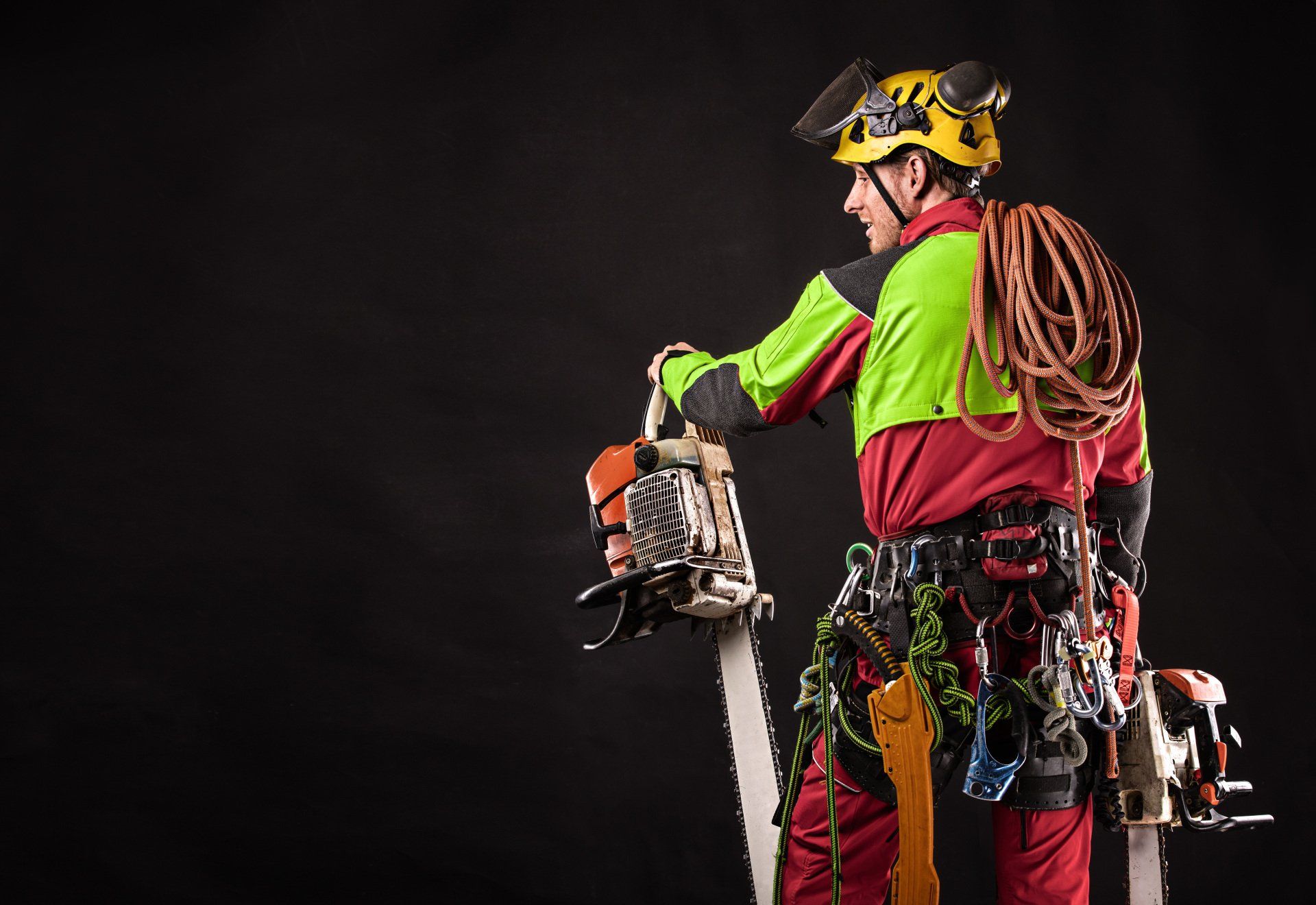 Image depicts a male tree arborist standing with his back to the audience, fully decked out with all his gear. Ropes, harness, helmet, chainsaw and more.